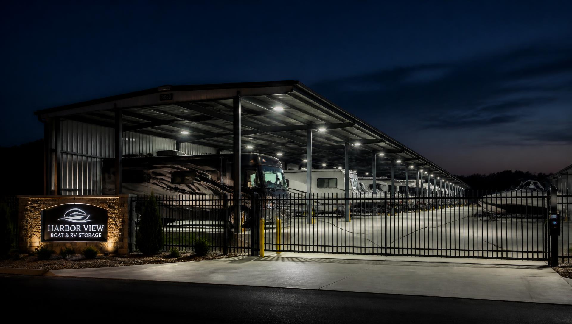 The QC Storage site lit at night with covered rows under LED lighting