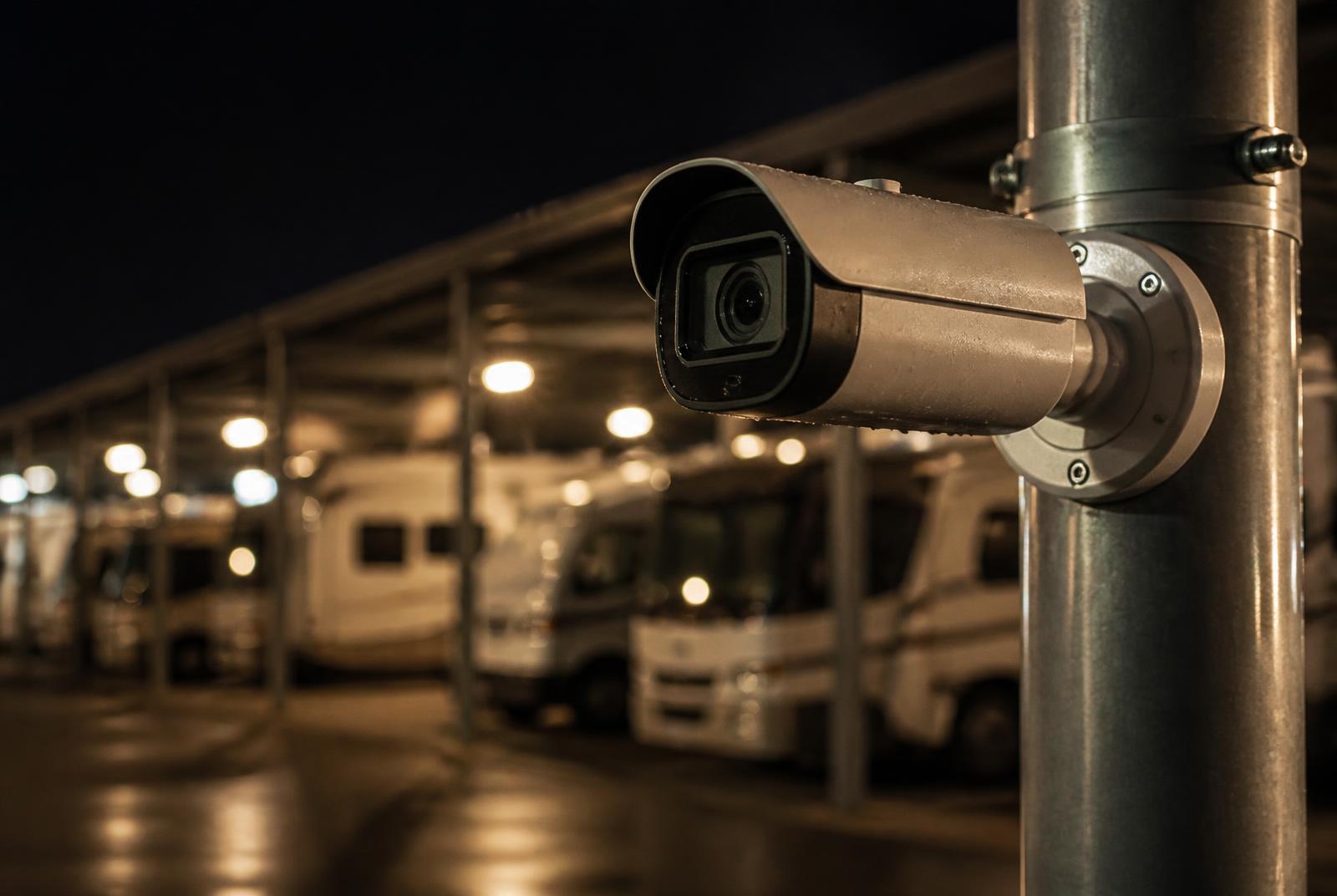 A security camera mounted above a drive aisle at the storage facility